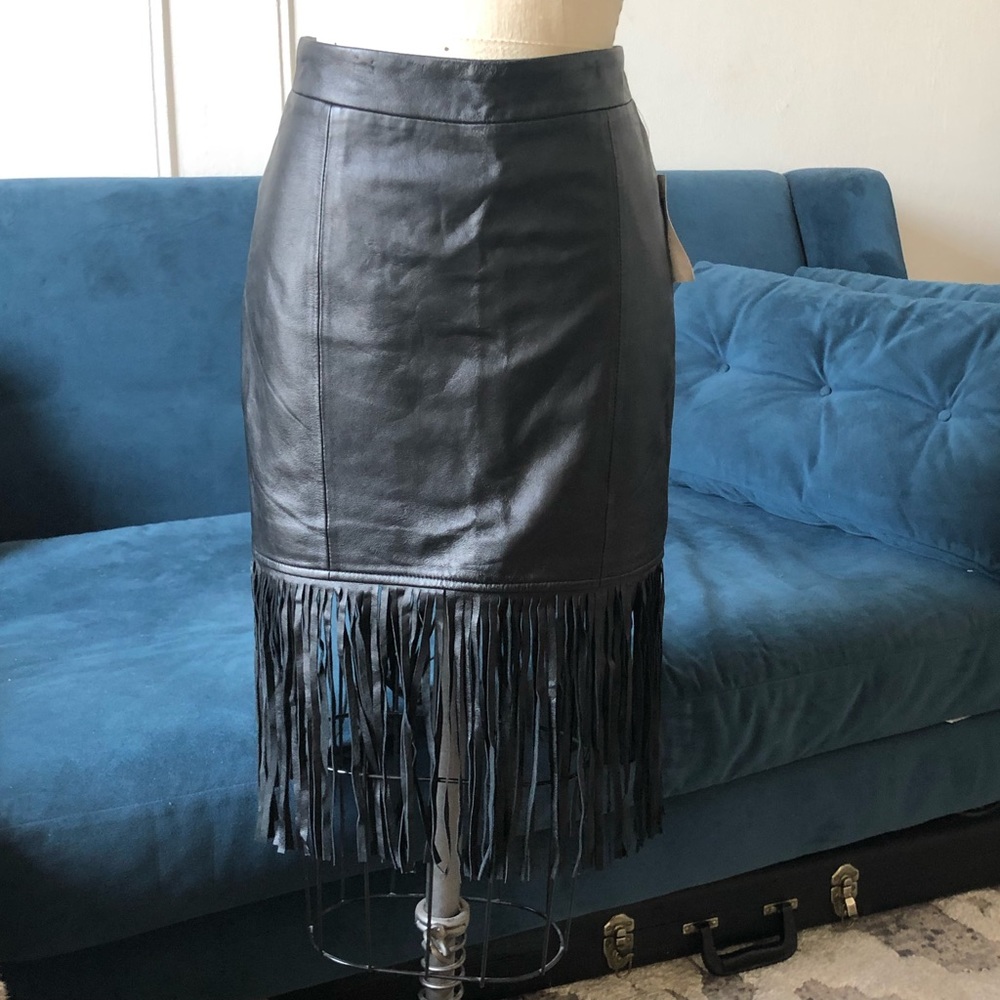 Boston Proper genuine leather mini fringe skirt 6